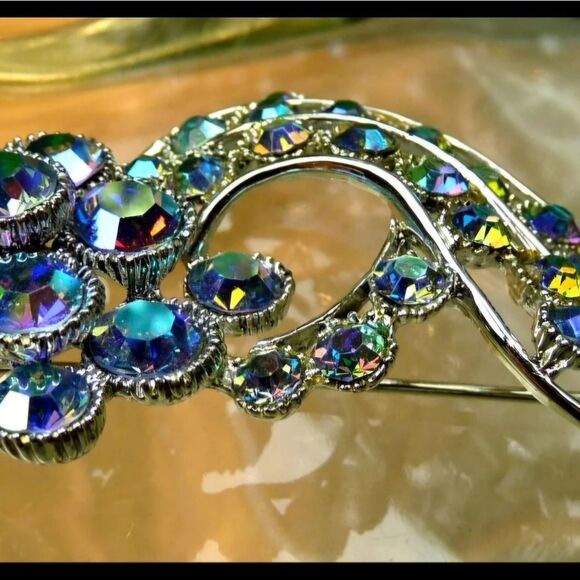 BSK VINTAGE DESIGNER SIGNED 3" BLUE AB RHINESTONE FLOWER FLORAL SPRAY PIN,EARRIN - Picture 4 of 11